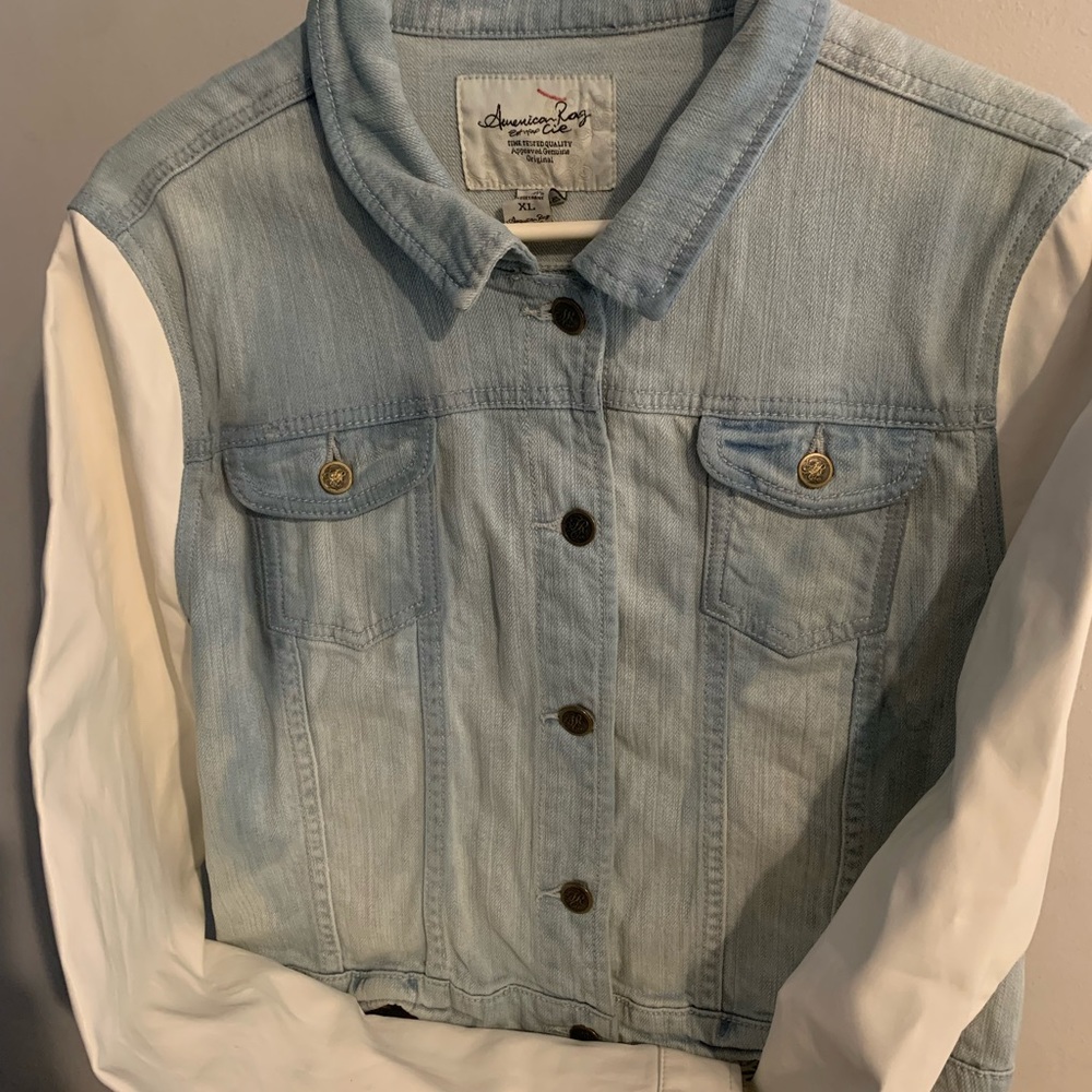 American Rag faded denim and white leather button up jacket size XL